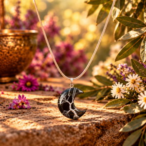 Obsidiaan Halve Maan Tree of Life Hanger met Gewaxt Koord