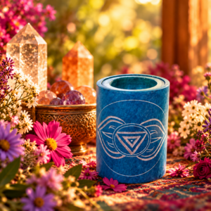 Blauwe chakra oliebrander van zeepsteen