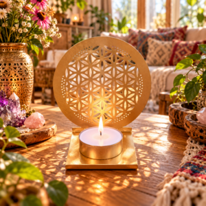 Metalen Theelichthouder Flower of Life - Goudkleurig