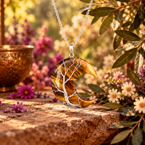 Tijgeroog Halve Maan Tree of Life Hanger met Zilveren Ketting