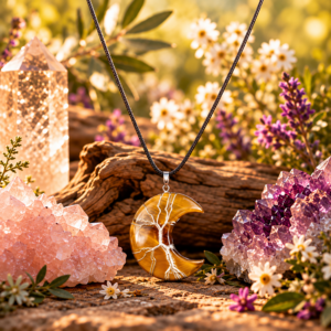 Tijgeroog Halve Maan Tree of Life Hanger met Gewaxt Koord