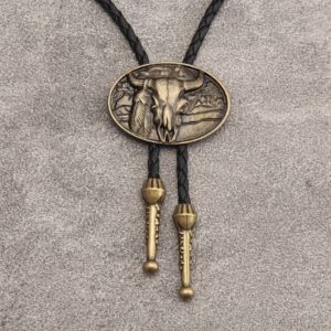 Bolo Tie Buffel schedel - Messinglook & Lederlook