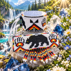 COMBINATIE SET - Handgeweven Black Bear - Kralenarmband & Haarclip met Franjes