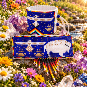 COMBINATIESET - Handgeweven White Buffalo & White Eagle - Kralenarmband & Haarclip - Kobaltblauw